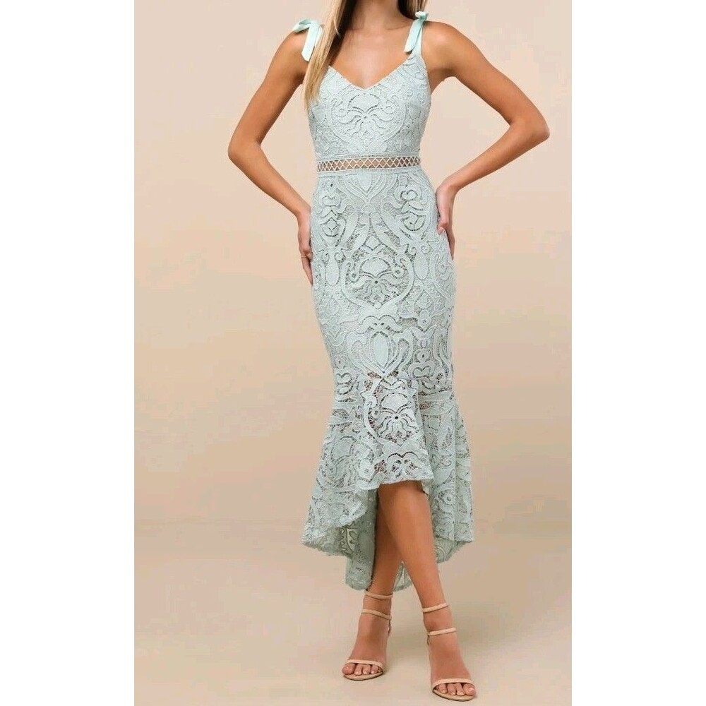 NWT Lulus Won Your Heart Sage Green Lace Tie-Strap High-Low Midi Dress Size M